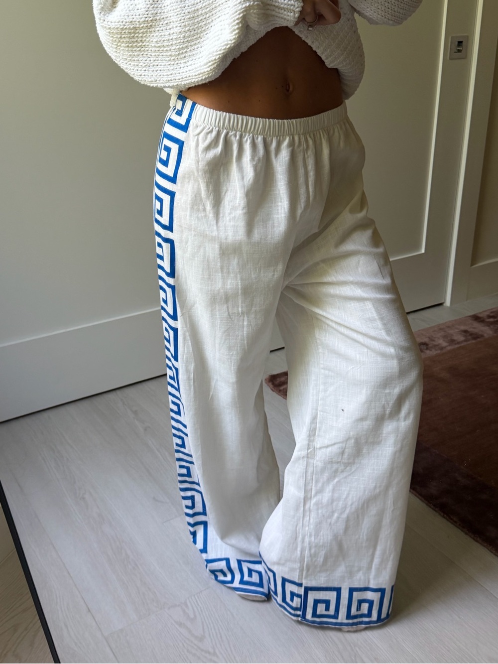 Petal & Pup White Wide-Leg Pants with Blue Greek Key Trim